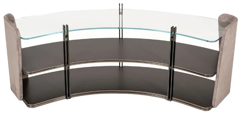 Casa Padrino Luxus Regalschrank Grau / Dunkelbraun / Bronze 141,45 x 105,41 x H. 61,5 cm - Gebogener Schrank mit Glasplatte - Wohnzimmer Möbel - Hotel Möbel - Luxus Möbel