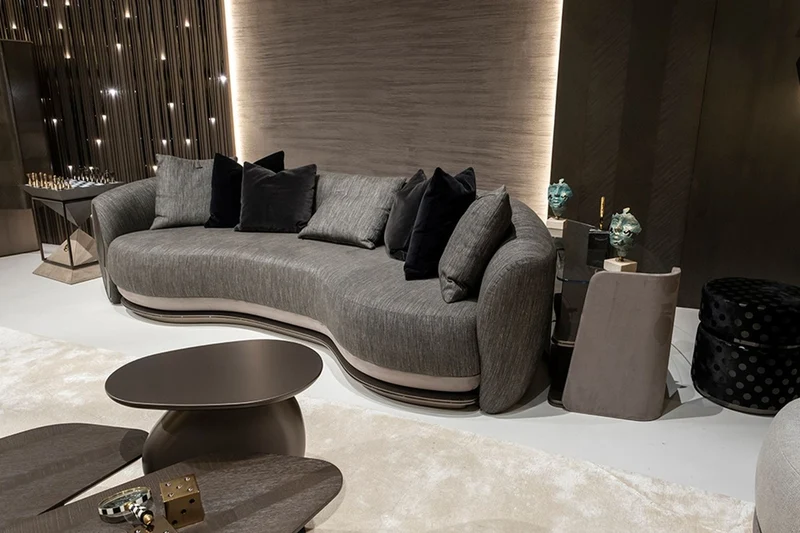 Casa Padrino Luxus Regalschrank Grau / Dunkelbraun / Bronze 141,45 x 105,41 x H. 61,5 cm - Gebogener Schrank mit Glasplatte - Wohnzimmer Möbel - Hotel Möbel - Luxus Möbel