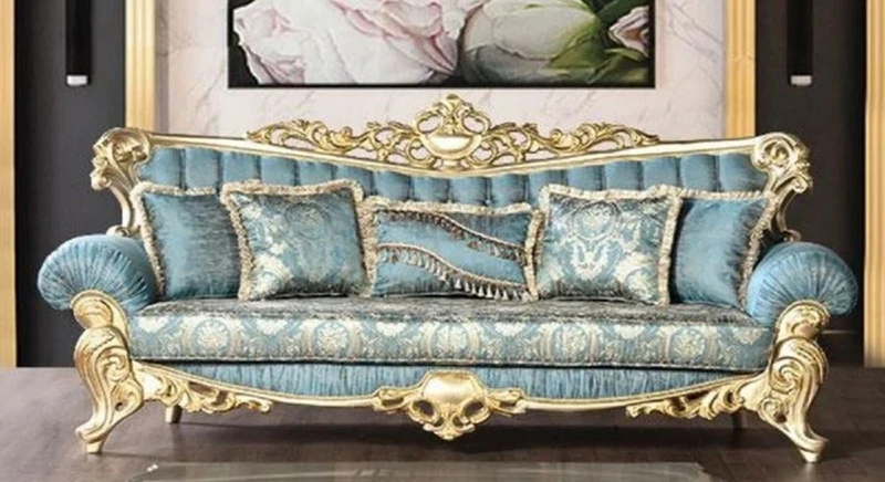 Casa Padrino Luxus Barock Wohnzimmer Sofa Türkis / Gold 233 cm
