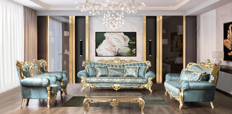 Casa Padrino Luxus Barock Wohnzimmer Sofa Türkis / Gold 233 cm