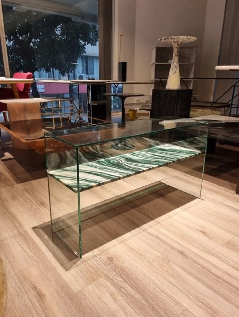 Casa Padrino Luxus Glas Konsole mit Marmor Regal Grün / Cremeweiß 90 cm