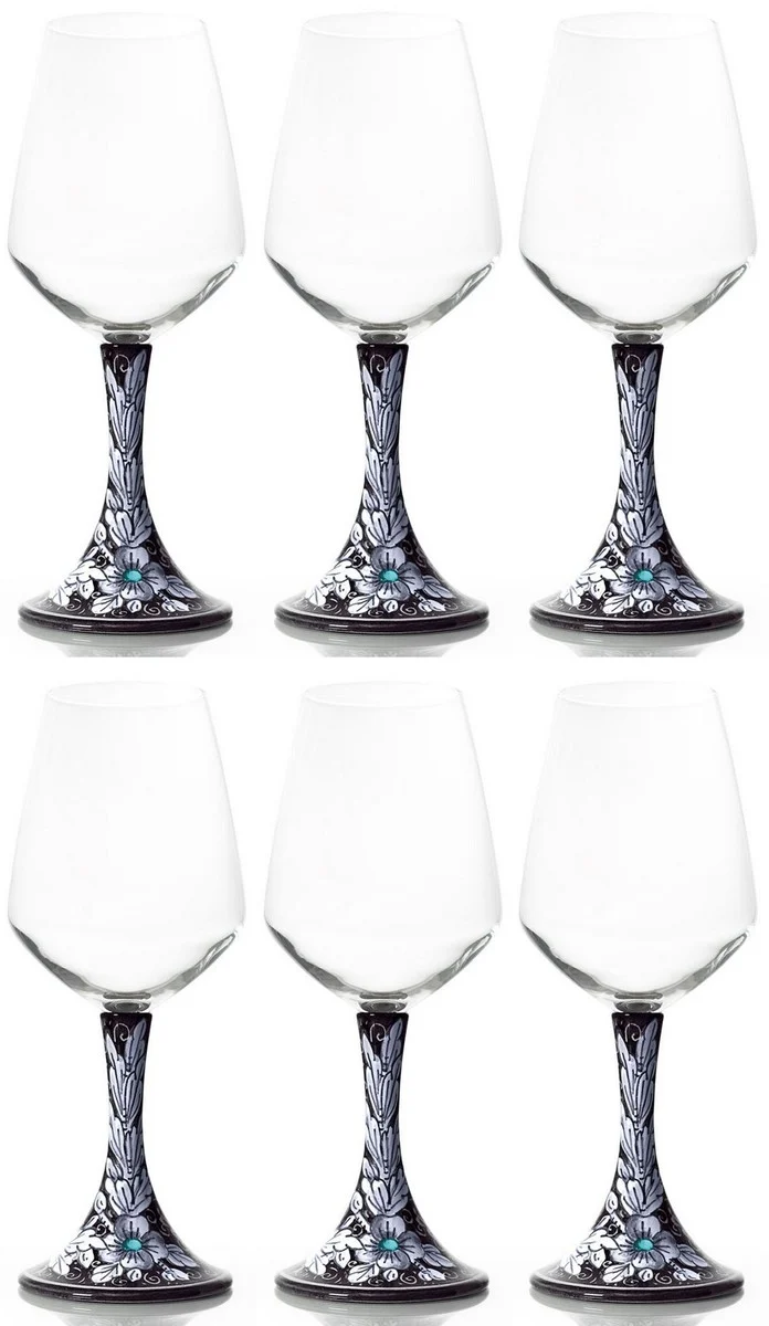 Casa Padrino Luxus Keramik Weinglas 6er Set Schwarz / Mehrfarbig H. 23,5 cm - Handgefertigte & handbemalte Weingläser - Hotel & Restaurant Accessoires - Luxus Qualität - Made in Italy