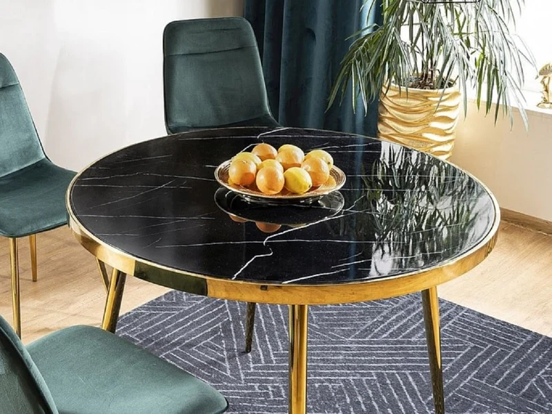 Casa Padrino Luxus Esstisch Schwarz / Gold Ø 100 x H. 75 cm - Runder Esszimmertisch mit Glasplatte in Marmoroptik - Esszimmer Möbel - Küchen Möbel