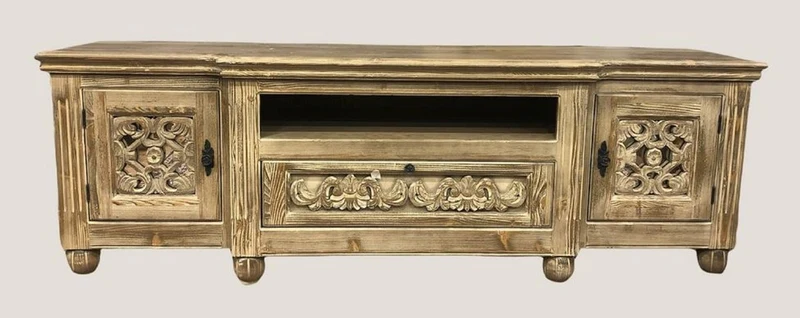 Casa Padrino Luxus Landhausstil TV Schrank Naturfarben - Handgefertigtes Massivholz Wohnzimmer Sideboard mit 2 Türen und Schublade - Luxus Wohnzimmer Möbel im Landhausstil