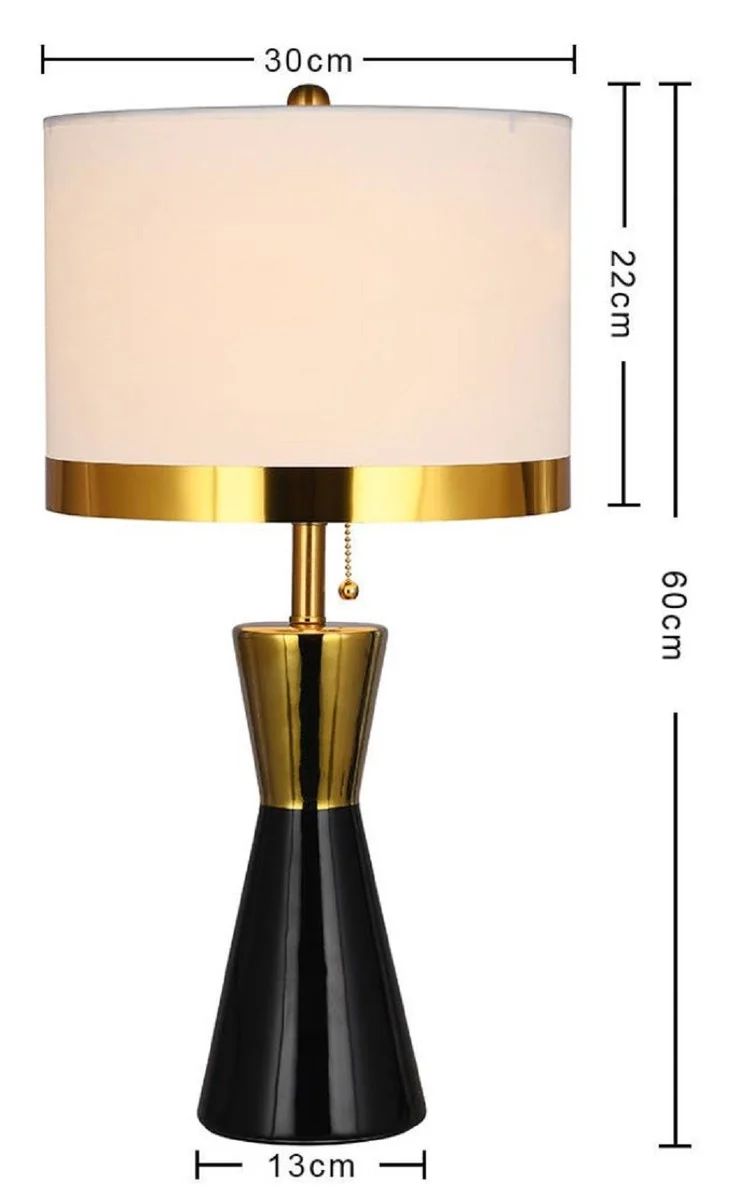 Casa Padrino Luxus Keramik Tischleuchte Schwarz / Gold / Weiß Ø 30 x H. 60 cm - Runde Keramik Schreibtischleuchte mit Lampenschirm - Luxus Keramik Leuchten