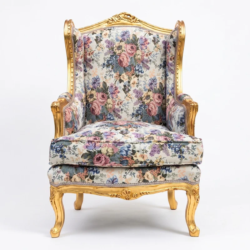Casa Padrino Barock Ohrensessel Mehrfarbig / Gold - Handgefertigter Antik Stil Wohnzimmer Sessel mit Blumenmuster - Antik Stil Möbel - Barock Wohnzimmer Möbel