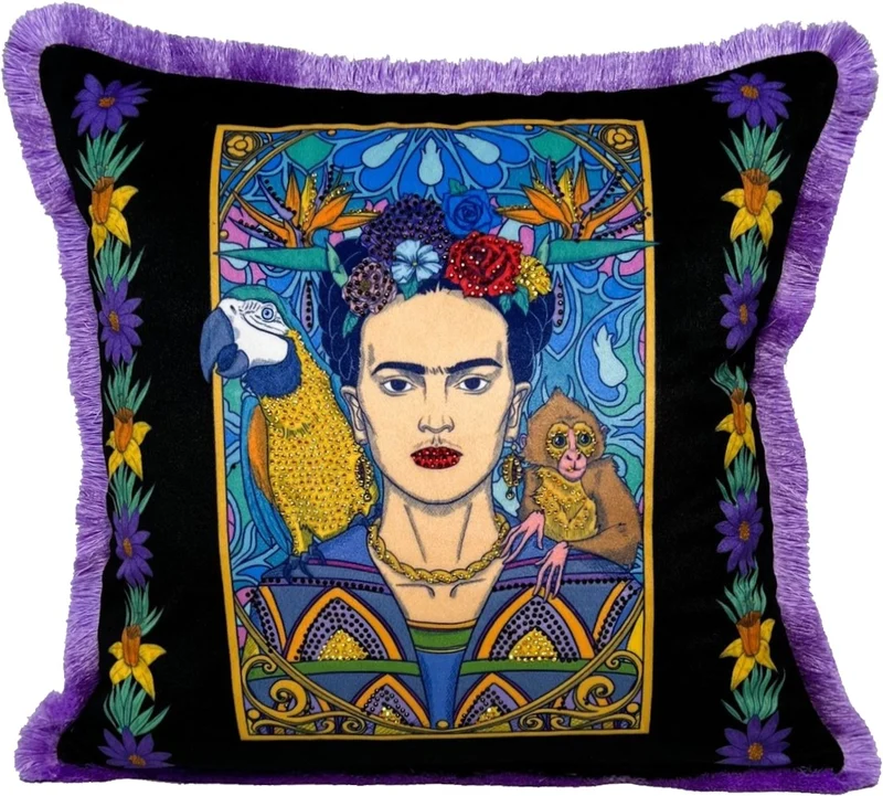 Frida Kahlo by Casa Padrino Luxus Deko Kissen mit Strass Steinen Schwarz / Bunt / Lila