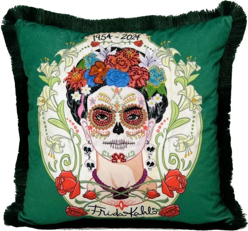 Frida Kahlo by Casa Padrino Luxus Deko Kissen mit Strass Steinen Grün / Bunt