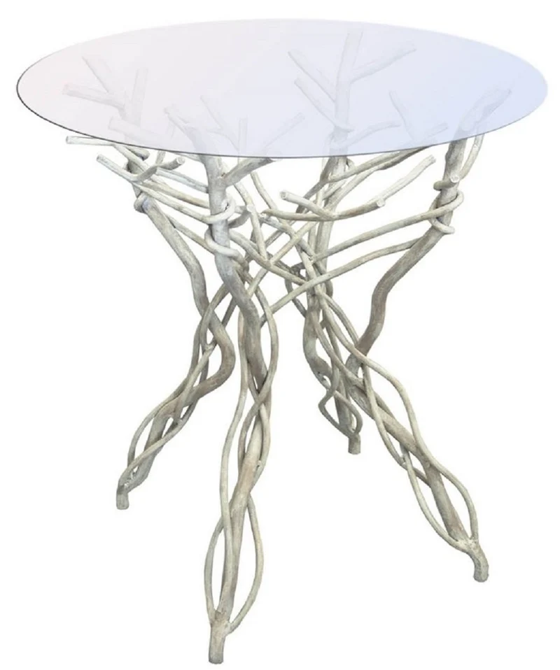 Casa Padrino Luxus Jugendstil Tisch Grau Ø 60 x H. 75 cm - Handgeschmiedeter Schmiedeeisen Gartentisch mit Glasplatte - Luxus Jugendstil Garten & Esszimmer Möbel