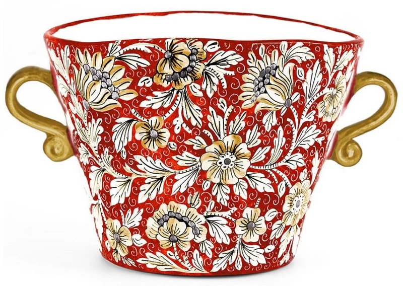 Casa Padrino Luxus Keramik Blumentopf mit 2 Tragegriffen Rot / Mehrfarbig Ø 27 x H. 20 cm - Handgefertigter & handbemalter Keramik Pflanzentopf - Luxus Qualität - Made in Italy