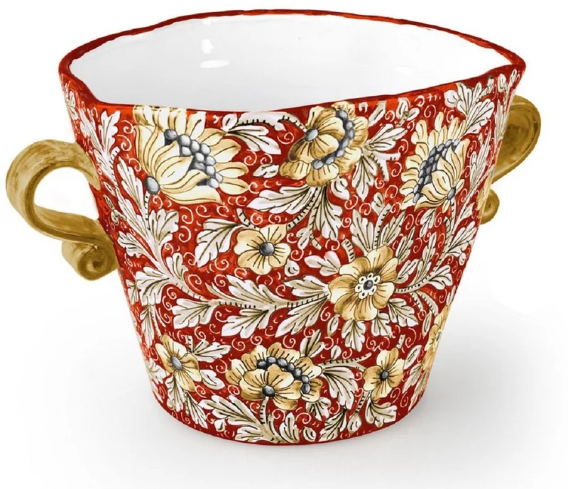 Casa Padrino Luxus Keramik Blumentopf mit 2 Tragegriffen Rot / Mehrfarbig Ø 27 x H. 20 cm - Handgefertigter & handbemalter Keramik Pflanzentopf - Luxus Qualität - Made in Italy