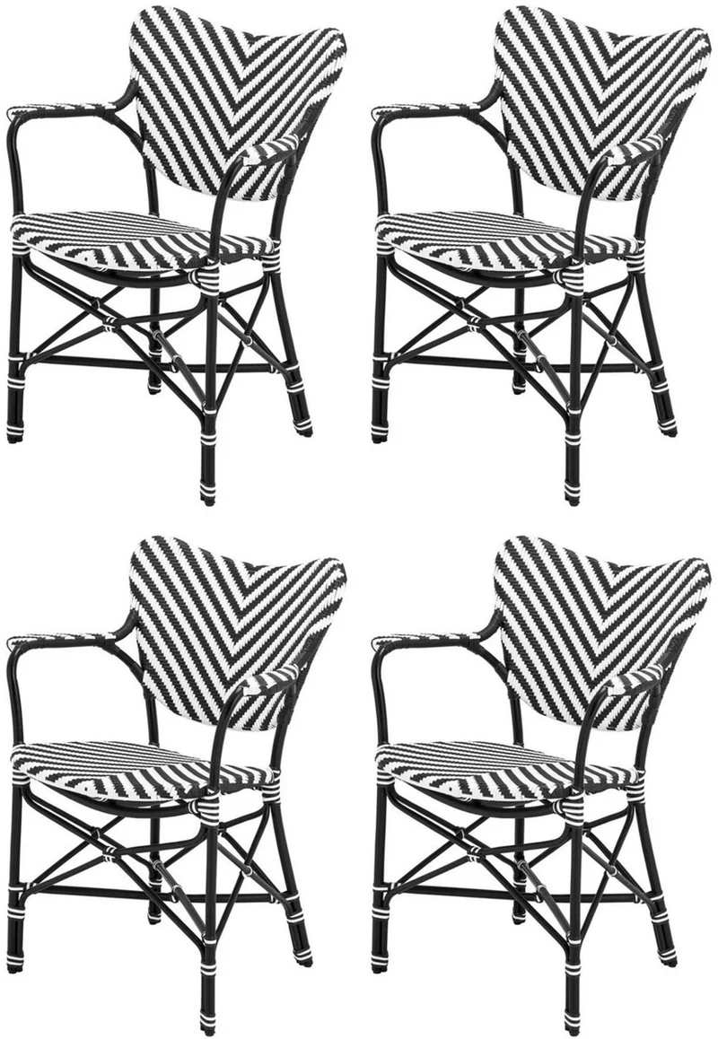 Casa Padrino Luxus Esszimmer Stuhl 4er Set mit Armlehnen Weiß / Schwarz 63 x 54 x H. 87 cm - Luxus Rattan Garten Stühle - Esszimmer Möbel - Garten Möbel - Rattan Möbel - Luxus Möbel