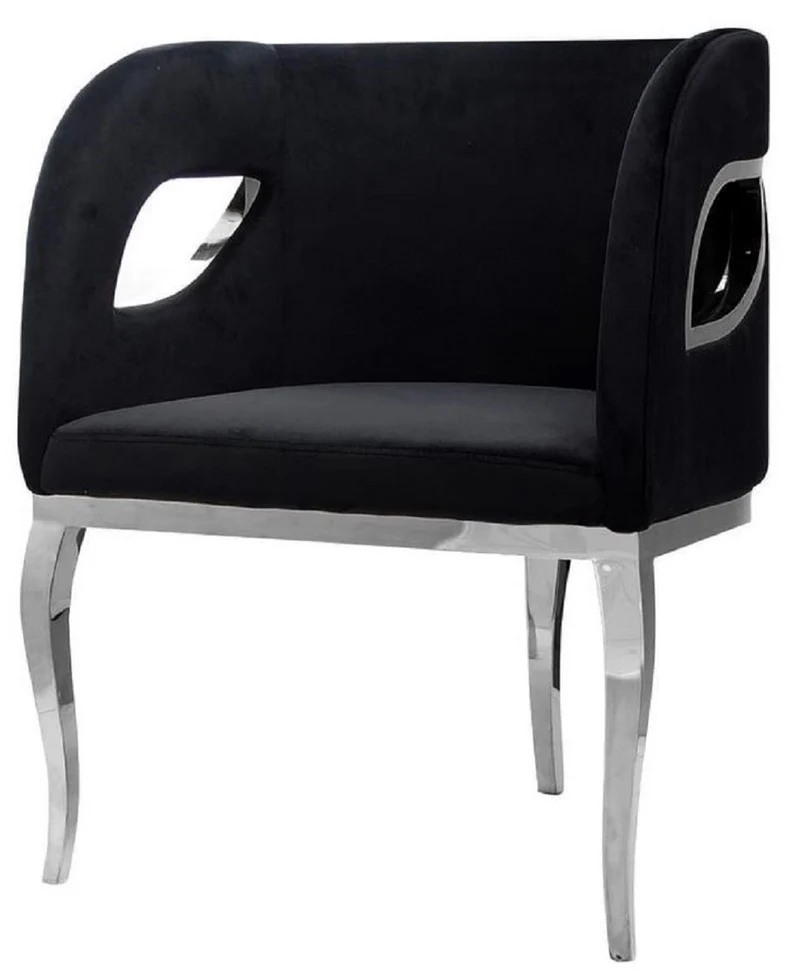 Casa Padrino Luxus Samt Sessel Schwarz / Silber 78 x 55 x H. 59 cm - Wohnzimmer Sessel - Hotel Sessel - Wohnzimmer Möbel - Luxus Möbel - Wohnzimmer Einrichtung - Luxus Einrichtung - Möbel Luxus