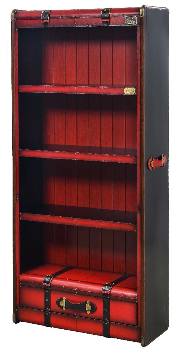 Casa Padrino Luxus Regalschrank in Koffer Optik Rot / Schwarz / Braun / Messing 84 x 35 x H. 187,5 cm - Massivholz Schrank mit Echtleder - Büro Schrank - Büro Möbel - Luxus Möbel in Koffer Optik