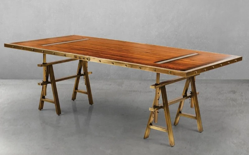 Casa Padrino Luxus Vintage Industrie Stil Esstisch Braun / Messing 226,5 x 111 x H. 75,5 cm - Rechteckiger Esszimmertisch mit Massivholz Tischplatte - Luxus Vintage Industrie Stil Esszimmer Möbel