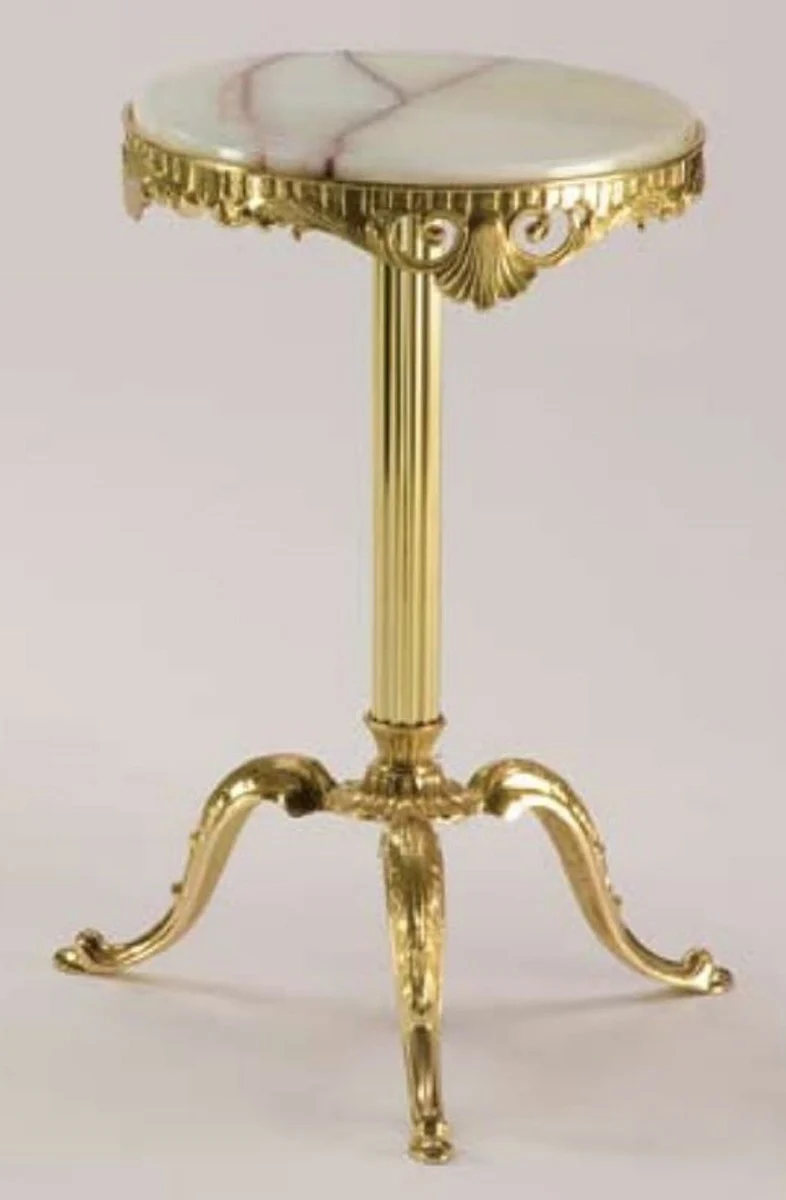 Casa Padrino Luxus Barock Beistelltisch Creme / Gold Ø 32 x H. 50 cm - Runder Messing Tisch mit Onyx Kunststein Tischplatte - Barock Möbel - Luxus Qualität - Made in Italy