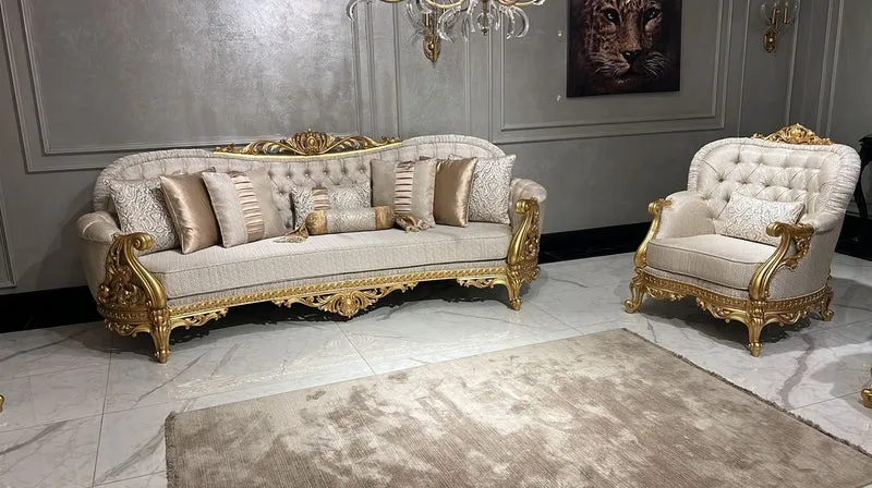 Casa Padrino Luxus Barock Wohnzimmer Sofa Gold Muster / Gold - Prunkvolles Barockstil Sofa - Luxus Wohnzimmer Möbel im Barockstil - Barock Möbel - Edel & Prunkvoll