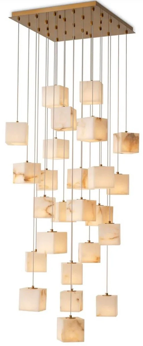 Casa Padrino Luxus LED Kronleuchter Antik Messing / Alabaster 60 x 60 x H. 180 cm - Wohnzimmer Kronleuchter mit Alabaster Lampenschirmen - Luxus Qualität