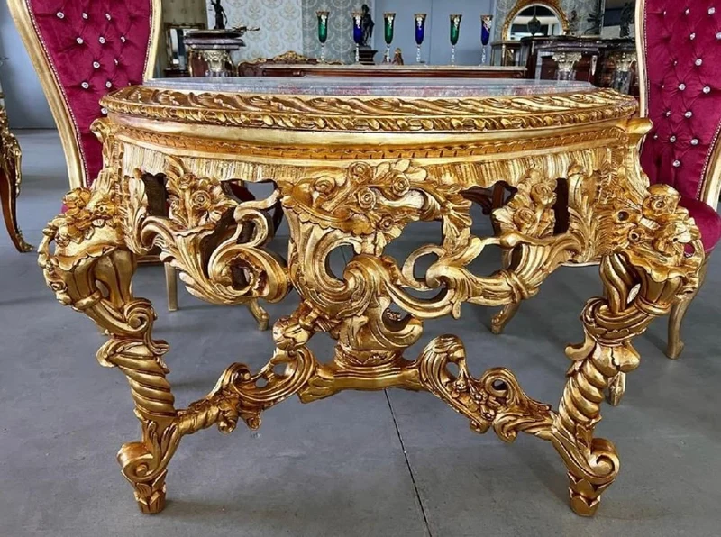 Casa Padrino Barock Esstisch Gold / Grau-Braun - Runder Massivholz Esszimmertisch mit Marmorplatte - Esszimmer Möbel im Barockstil - Barock Möbel - Edel & Prunkvoll