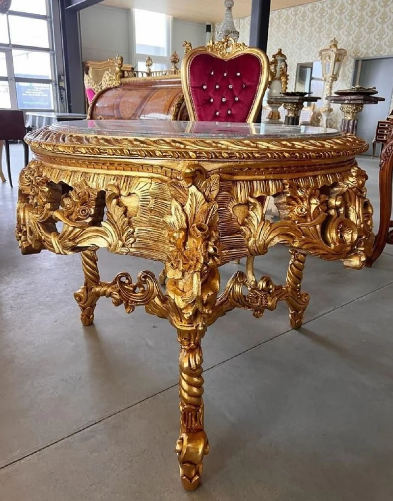 Casa Padrino Barock Esstisch Gold / Grau-Braun - Runder Massivholz Esszimmertisch mit Marmorplatte - Esszimmer Möbel im Barockstil - Barock Möbel - Edel & Prunkvoll
