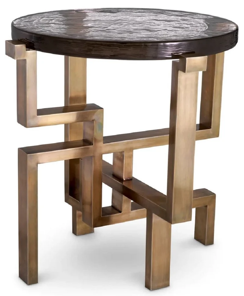 Casa Padrino Luxus Beistelltisch Vintage Messing Ø 57 x H. 56 cm - Runder Edelstahl Tisch mit Glasplatte - Luxus Möbel - Wohnzimmer Möbel - Luxus Einrichtung - Wohnzimmer Einrichtung