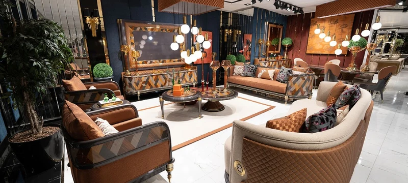 Casa Padrino Luxus Art Deco Esszimmer Set Creme / Grau / Mehrfarbig / Braun / Gold - 1 Luxus Art Deco Esstisch & 6 Luxus Art Deco Esszimmerstühle - Luxus Art Deco Esszimmer Möbel