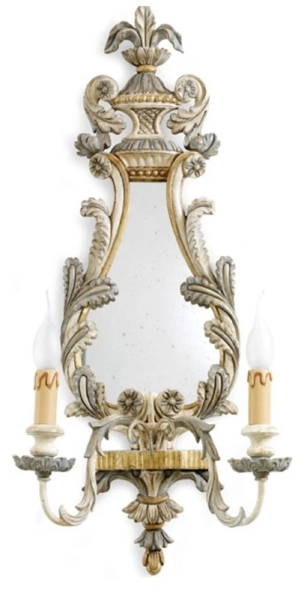 Casa Padrino Luxus Barock Doppel Wandleuchte mit Spiegel Antik Silber / Gold / Weiß 34 x 17 x H. 75 cm - Prunkvolle Wandlampe im Barockstil - Barock Leuchten - Luxus Qualität - Made in Italy