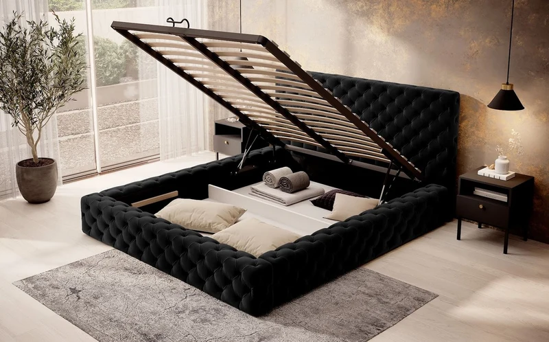 Casa Padrino Luxus Chesterfield Samt Doppelbett mit Matratze Schwarz - Verschiedene Größen