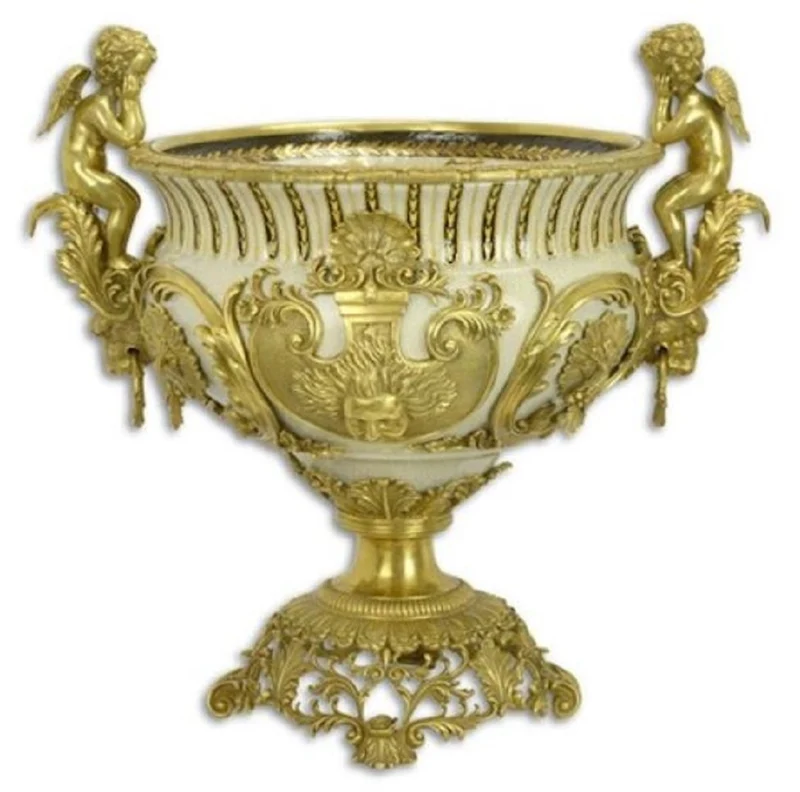 Casa Padrino Luxus Barock Porzellan Blumentopf Engel Weiß / Gold H. 60 cm - Prunkvoller Porzellan Pflanzentopf - Barock Porzellan Deko Accessoires