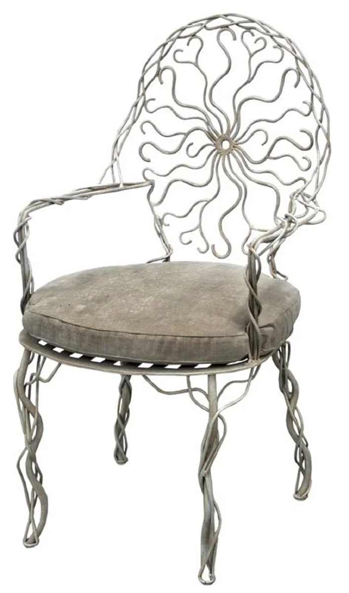 Casa Padrino Luxus Jugendstil Garten Stuhl Grau 60 x 60 x H. 100 cm - Handgeschmiedeter Esszimmer Stuhl mit Armlehnen und Sitzkissen - Luxus Jugendstil Garten & Esszimmer Möbel
