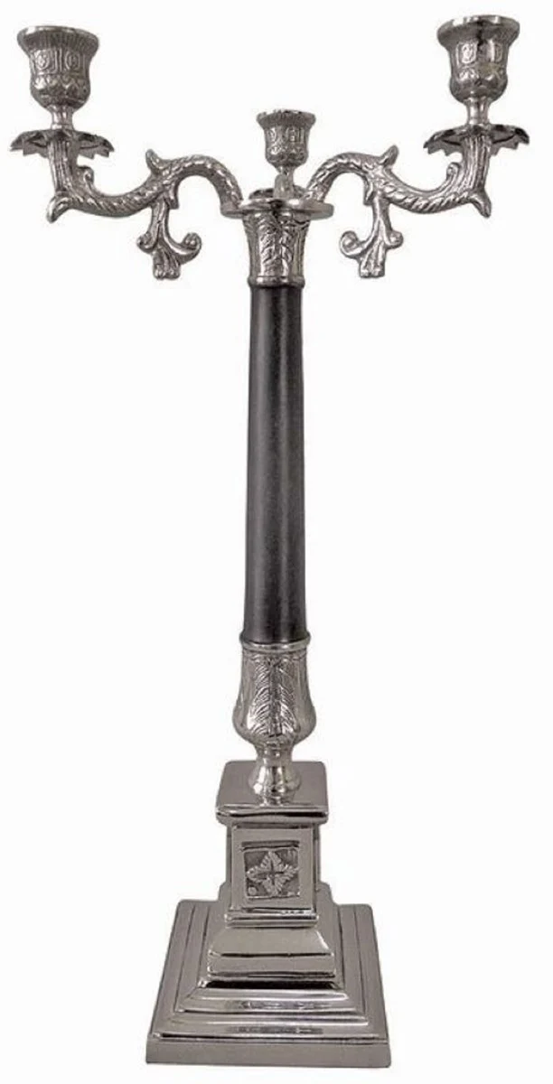 Casa Padrino Barock Kerzenhalter Silber / Schwarz 17 x 17 x H. 65 cm - Prunkvoller Barockstil Metall Kerzenständer - Barock Deko Accessoires