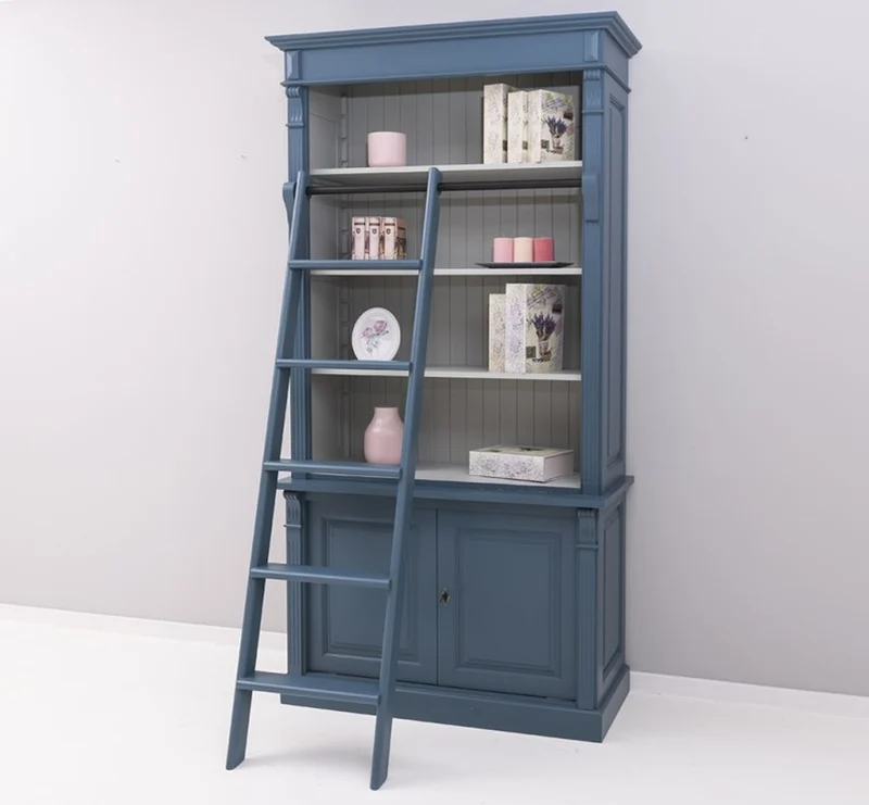 Casa Padrino Landhaus Stil Bücherschrank mit Leiter Stahlblau / Grau