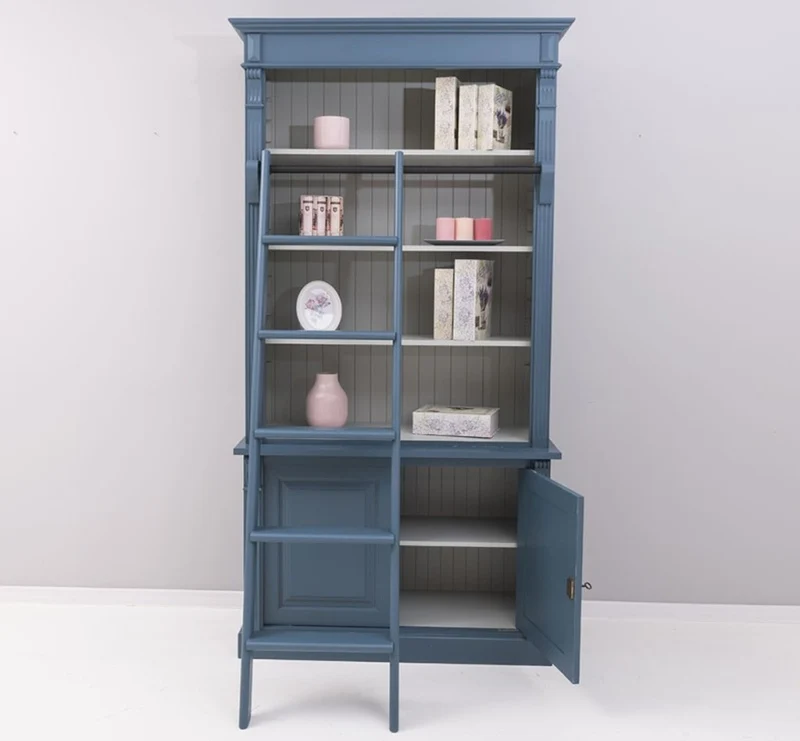 Casa Padrino Landhaus Stil Bücherschrank mit Leiter Stahlblau / Grau