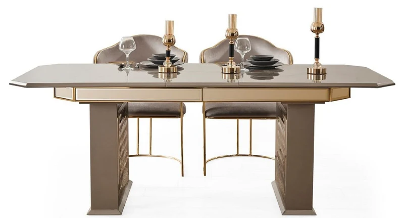 Casa Padrino Luxus Art Deco Esszimmer Set Grau / Gold - 1 Ausziehbarer Esstisch & 4 Stühle