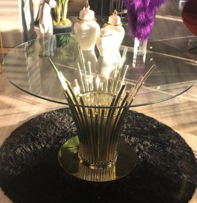 Casa Padrino Luxus Esstisch Gold Ø 100 x H. 75 cm - Runder Esszimmertisch mit gehärteter Glasplatte - Esszimmer Möbel - Küchen Möbel - Luxus Möbel