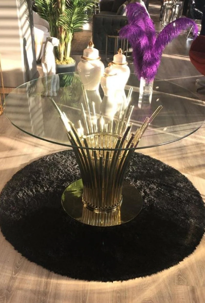 Casa Padrino Luxus Esstisch Gold Ø 100 x H. 75 cm - Runder Esszimmertisch mit gehärteter Glasplatte - Esszimmer Möbel - Küchen Möbel - Luxus Möbel