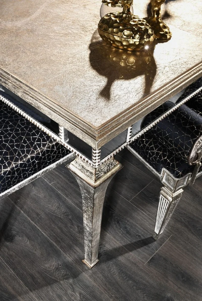 Casa Padrino Luxus Barock Esszimmer Set Schwarz / Antik Silber - 1 Barock Esstisch & 4 Barock Esszimmerstühle & 1 Barock Sitzbank - Luxus Esszimmer Möbel im Barockstil - Edel & Prunkvoll