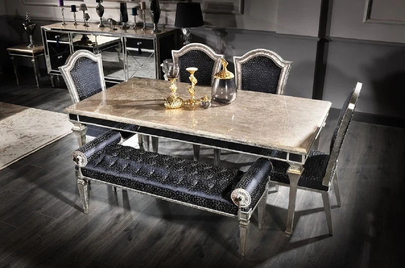 Casa Padrino Luxus Barock Esszimmer Set Schwarz / Antik Silber - 1 Barock Esstisch & 4 Barock Esszimmerstühle & 1 Barock Sitzbank - Luxus Esszimmer Möbel im Barockstil - Edel & Prunkvoll