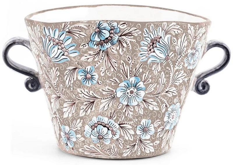 Casa Padrino Luxus Keramik Blumentopf mit 2 Tragegriffen Braun / Mehrfarbig Ø 27 x H. 20 cm - Handgefertigter & handbemalter Keramik Pflanzentopf - Luxus Qualität - Made in Italy