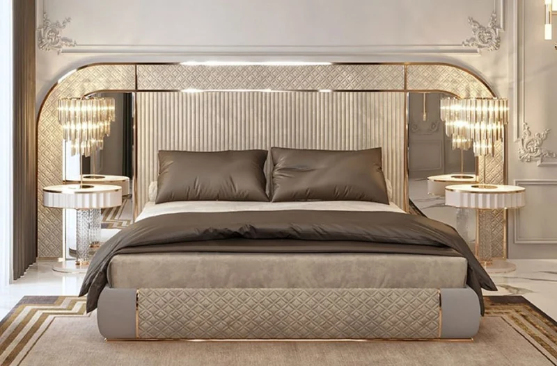 Casa Padrino Luxus Art Deco Doppelbett Grau / Gold 350 x 209,5 x H. 140 cm - Edles Massivholz Bett mit verspiegeltem Kopfteil - Luxus Schlafzimmer Möbel - Hotel Möbel - Art Deco Möbel