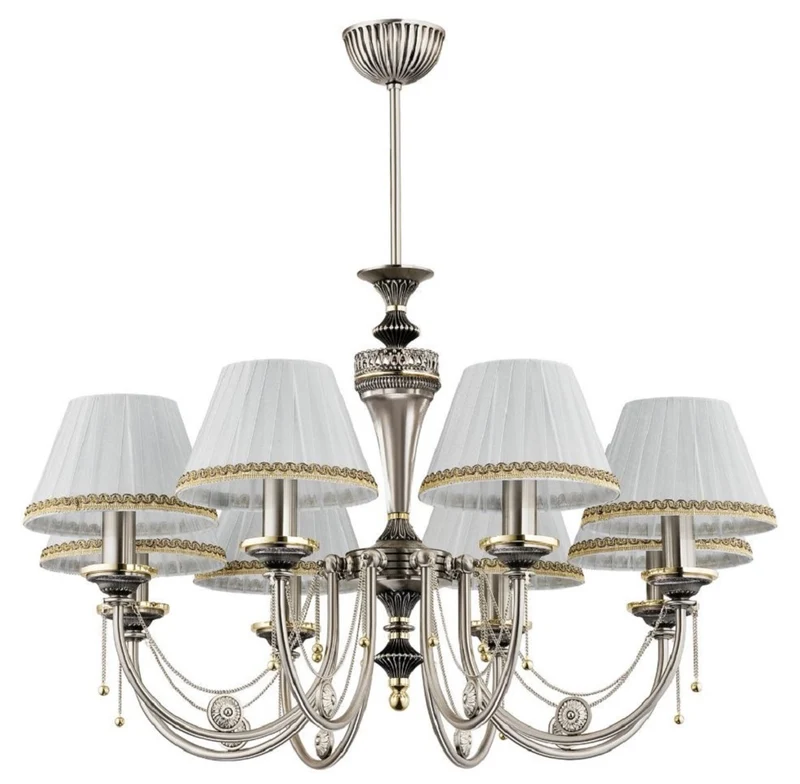 Casa Padrino Luxus Barock Kronleuchter Matt Silber / Weiß / Gold Ø 72 x H. 70 cm - Prunkvoller Barockstil Wohnzimmer Kronleuchter mit Lampenschirmen - Edel & Prunkvoll