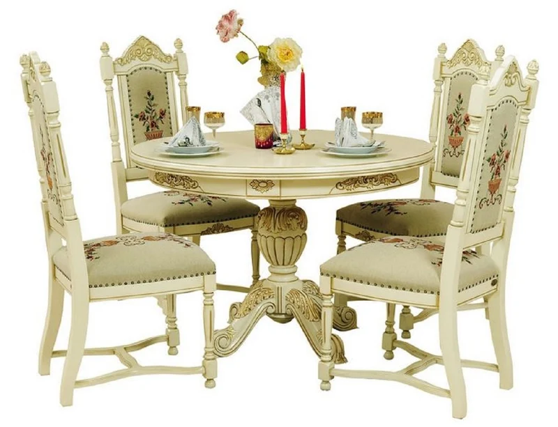 Casa Padrino Luxus Barock Esszimmer Set Creme / Beige - 1 Ausziehbarer Barock Esstisch & 4 Barock Esszimmerstühle - Barock Esszimmer Möbel - Luxus Möbel im Barockstil - Edel & Prunkvoll