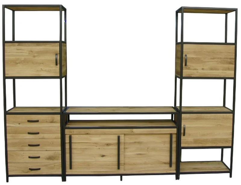 Casa Padrino Luxus TV Schrank Naturfarben / Schwarz 300 x 45 x H. 212,5 cm - 3 teiliger Wohnzimmer Schrank - Wohnzimmer Möbel - Luxus Möbel