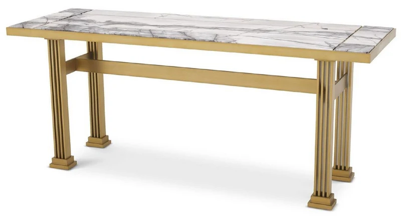 Casa Padrino Luxus Konsole Messing / Weiß 180 x 60 x H. 75,5 cm - Rechteckiger Edelstahl Konsolentisch mit Marmorplatten - Wohnzimmer Möbel - Hotel Möbel - Luxus Möbel - Luxus Einrichtung
