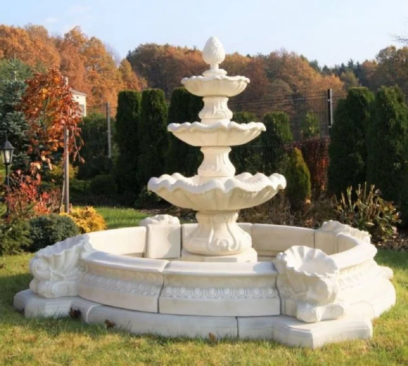 Casa Padrino Barock Springbrunnen Umrandung Weiß Ø 270 x H. 44 cm - Prunkvolle Gartenbrunnen Umrandung - Brunnen Umrandung - Prunkvolle Gartendeko im Barockstil
