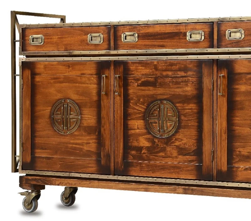 Casa Padrino Luxus Vintage Stil Sideboard mit 4 Schubladen und 4 Türen Braun / Messing 262 x 45,5 x H. 112 cm - Vintage Stil Schrank - Massivholz Möbel - Vintage Stil Möbel - Luxus Möbel