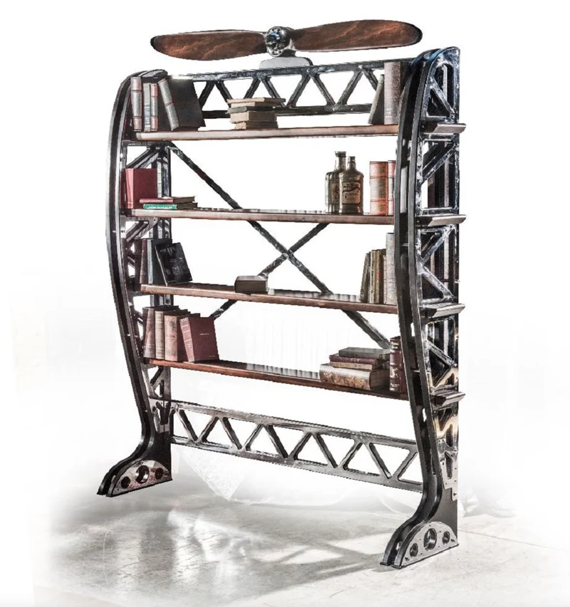 Casa Padrino Luxus Industrie Stil Bücherschrank Silber / Schwarz / Braun 171 x 29,5 x H. 208,5 cm - Metall Schrank mit dekorativem Flugzeug Propeller - Büroschrank - Luxus Industrie Stil Möbel