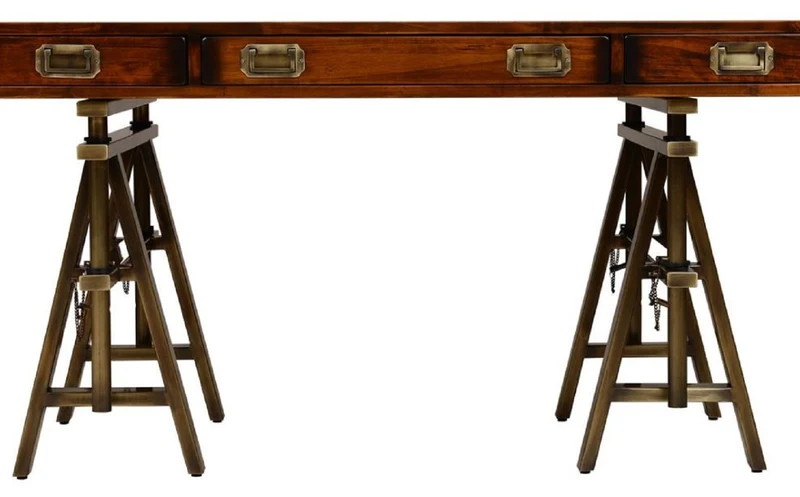 Casa Padrino Luxus Vintage Industrie Stil Schreibtisch Braun / Messing 149 x 85 x H. 77,5 cm - Bürotisch mit 3 Schubaden - Luxus Vintage Industrie Stil Büro Möbel