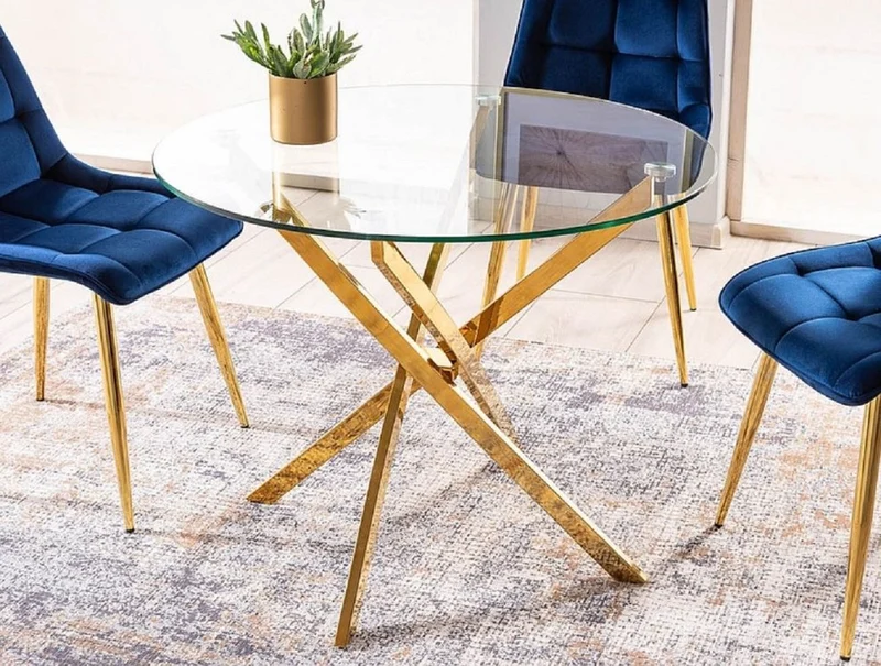 Casa Padrino Luxus Esstisch Gold Ø 90 x H. 71 cm - Runder Esszimmertisch mit gehärteter Glasplatte - Esszimmer Möbel - Küchen Möbel