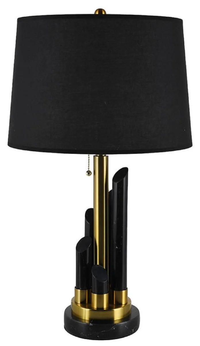 Casa Padrino Luxus Marmor Tischleuchte Schwarz / Gold Ø 38 x H. 68,5 cm - Runde Marmor Schreibtischleuchte mit Lampenschirm - Luxus Marmor Leuchten